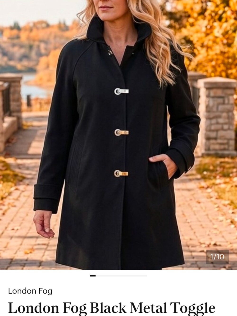 London Fog Black Toggle Trench Coat with Gold Accents